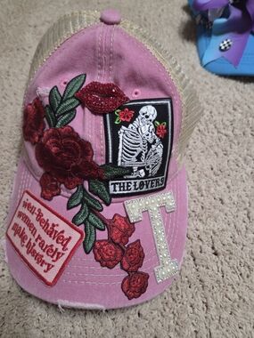 Pink Embroidered Patch Kids Baseball Cap with Floral & Glitter Accents